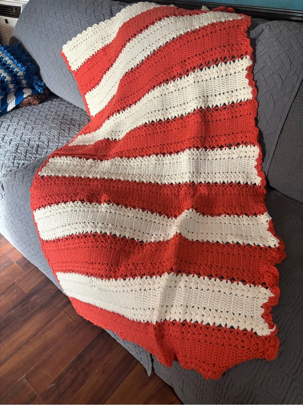 Hand-Crocheted Coral and Cream Stripe Throw Blanket